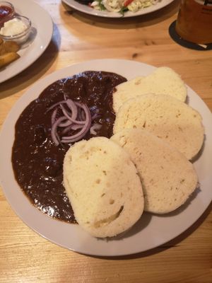 The best Goulash I had in Prague, with Chucky bits of Seitan and dumplings at Střecha in Prague