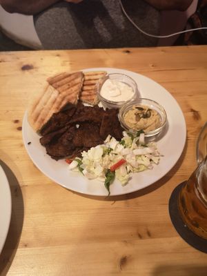 Seitan Kebab plate with Pitta, Hummus, Taziki and Salad at Střecha in Prague