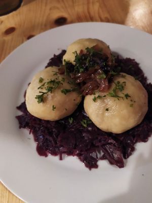 Knedle with soy granulat at Střecha in Prague