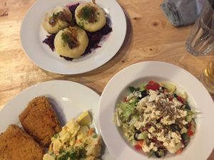 Filled dumplings, escalope/schnitzel with potato salad, Greek style salad  at Střecha in Prague