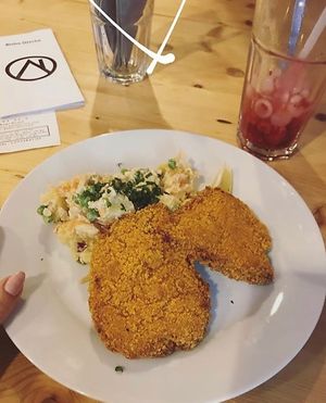traditional potato salad with schnitzels at Střecha in Prague