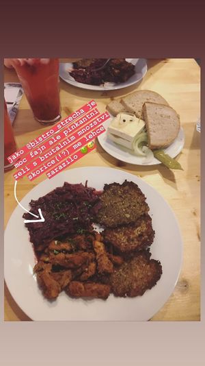 potato pancakes, cabbage and roasted soy at Střecha in Prague