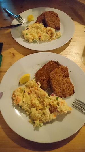 Christmas snitzel and mashed potatoes, super good! Sauce would be a plus though. at Střecha in Prague