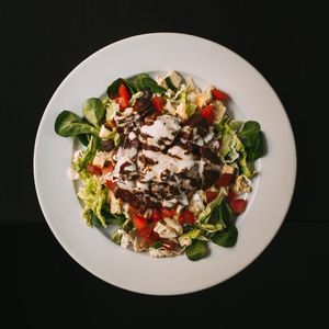 Kebab salad with herb dip at Střecha in Prague