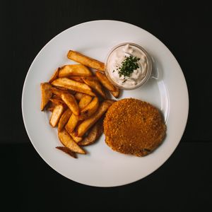 Fried coconut cheese with fries and tartar sauce.  at Střecha in Prague