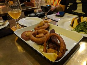 The "Battered and fried" onion rings, hush puppies And seitan pickles with mustard seed  at The Dankness Dojo by Modern Times Beer in Los Angeles