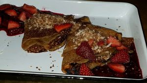 crepes with strawberries at brunch at The Dankness Dojo by Modern Times Beer in Los Angeles