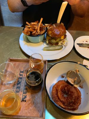 Burger, beer sampler + onion rings at The Dankness Dojo by Modern Times Beer in Los Angeles