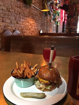 Double burger with fries and cool atmosphere  at The Dankness Dojo by Modern Times Beer in Los Angeles