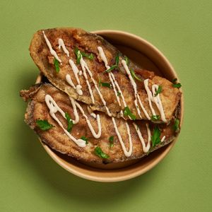 Fried aubergine/Eggplant with Tahini at Maoz in Barcelona