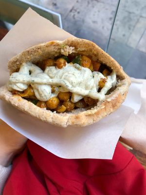 Falafel with yogurt sauce and chickpeas  at Maoz in Barcelona