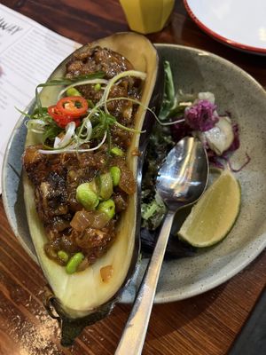 Eggplant entree   at Hideaway Kitchen & Bar in Broadbeach