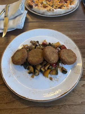 Grilled vegetables with soy patties and fries on side.  at Hotel Opara in Trebnje