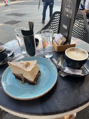 Haselnut cake and coffee with oat milk  at Cajnica Vanilla in Koper