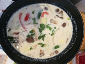 Vegan coconut mylk soup with veggies at Padthai Wokbar in Budapest