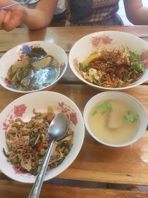 All food was 80 Baht. Noodles, veggies and brown noodles soup at Somjit in Chanthaburi