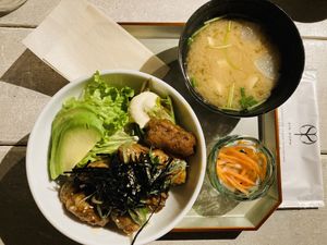 Donburi with miso soup and pickles  #Veganuary at AIN SOPH.Journey in Kyoto