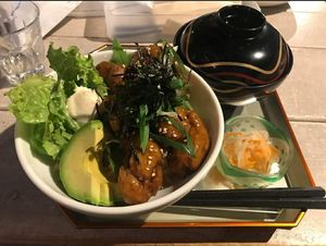 seasonal teriyaki soy chicken bowl with pickles and miso at AIN SOPH.Journey in Kyoto