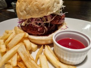 Teriyaki burger with fries at AIN SOPH.Journey in Kyoto