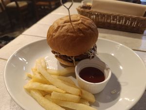 Vegan meat burger with fries at AIN SOPH.Journey in Kyoto