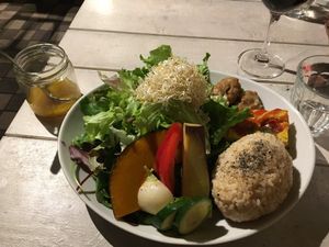 Salad and deli plate with karaage ‘chickn’ and tofu omelette  at AIN SOPH.Journey in Kyoto
