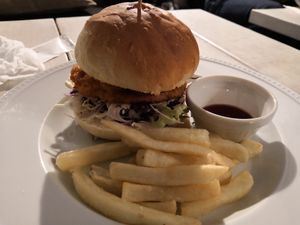 Vegan chicken burger with fries at AIN SOPH.Journey in Kyoto
