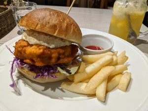Soy chicken burger with fries at AIN SOPH.Journey in Kyoto