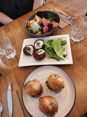 Roast Vege bowel, artichoke crab cakes + sunfed sliders at The Butcher's Son in Auckland