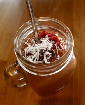 Cacao Pow Smoothie - Cacao, maca, dates, plant milk and bananas. at The Butcher's Son in Auckland
