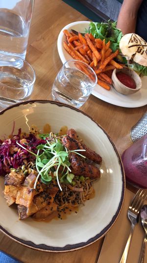 Buddha Bowl + Burger with Sweet Potato Fries at The Butcher's Son in Auckland