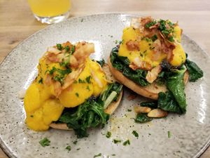 Benedict's brother. Tofu, spinach and coconut bacon. at The Butcher's Son in Auckland