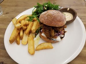 Chicken burger with fries and chipotle aioli. The aioli was so dreamy!! ♥ at The Butcher's Son in Auckland