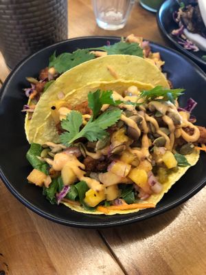 Taco Loco - crispy cauliflower, chipotle, pineapple chilli salsa & pumpkin seek at The Butcher's Son in Auckland
