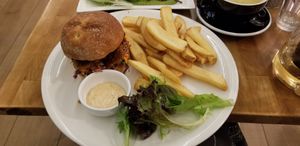 chicken burger with so many fries at The Butcher's Son in Auckland