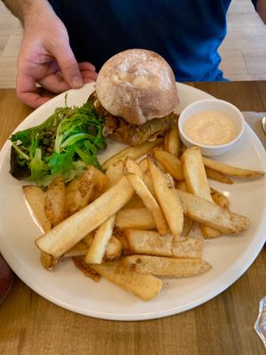Chkn sandwich with fries. Delicious!! at The Butcher's Son in Auckland