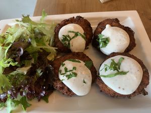 Vegan artichoke ‘crab’ cakes at The Butcher's Son in Auckland