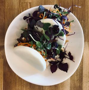 Shiitake mushroom bao buns (vegan): sticky marinated shiitake mushrooms, pickled veggies, coriander, and peanuts at The Butcher's Son in Auckland