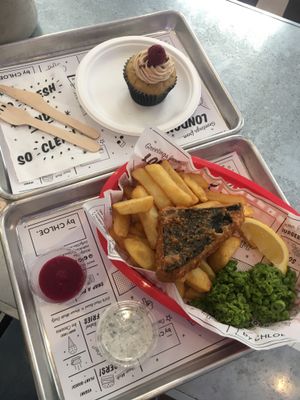 Fish & chips + raspberry cupcake! at By Chloe - Covent Garden in London