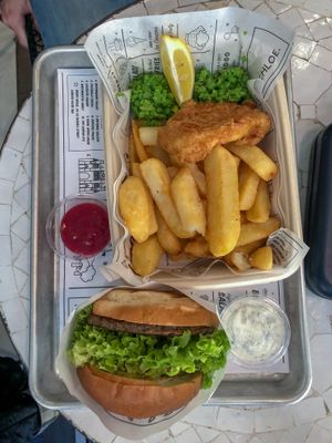 'Fish and Chips' and classic burger both dishes with their sauces on the side (bonus points for all the recyclable and biodegradable serving dishes) at By Chloe - Covent Garden in London