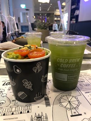 Pesto pasta and iced matcha  at By Chloe - Covent Garden in London