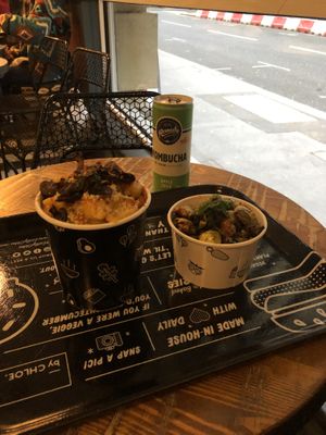 Cashew mac & cheese with mushroom bacon. Seasonal veg (this time it was Brussels sprouts). at By Chloe - Covent Garden in London