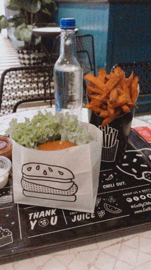 The classic burger, sweet potato fried and still water. 12.95£ at By Chloe - Covent Garden in London