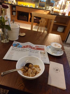 Porridge and oat milk cappuccino at Hotel Stadthalle in Vienna