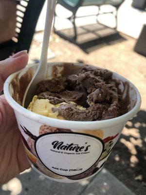 Vegan chocolate ice cream on top of vegan mango ice cream.   at Nature's Organic Ice Cream in Fremont