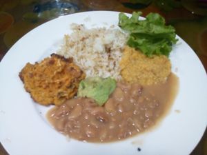 Main dish: rice, beans, avocado, hummus and veggie patty at Bananas in Iquitos