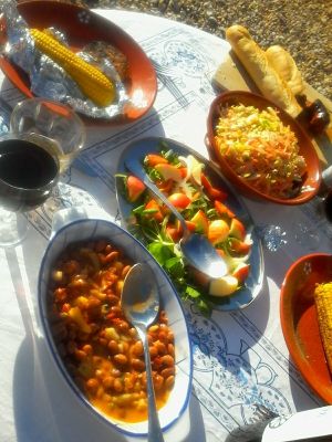 Outdoors you can enjoy a vegan BBQ, with fresh salads and vegetables, crusty bread and local wine. at Casa Das Flores in Tomar