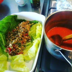 Stuffed cabbage leaves with tomato sauce at Casa Das Flores in Tomar