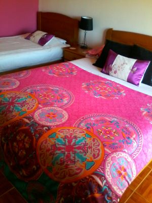 Large twin room with patio doors overlooking the hills anc view. The room has a balcony with table and chairs, comfy bench to watch the village life. at Casa Das Flores in Tomar