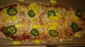 Vegan chz pizza with pineapple and jalapeno. at Zablong in Cincinnati