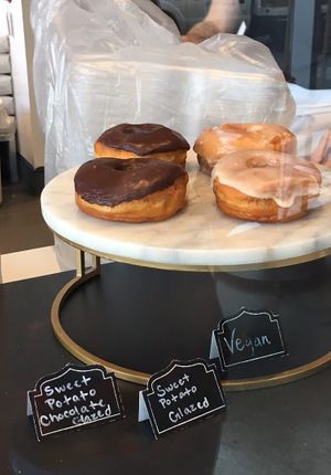 Vegan yeasted donuts (sweet potato glazed & sweet potato chocolate) at Johnny Doughnuts in San Francisco
